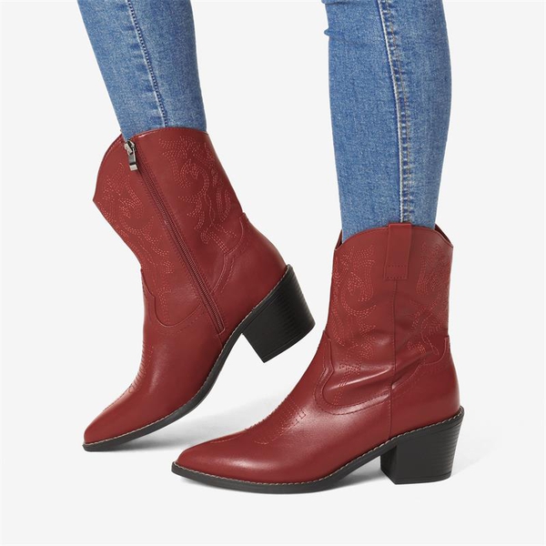 Western Chunky Heel Cowboy Ankle Boots - RED - 1